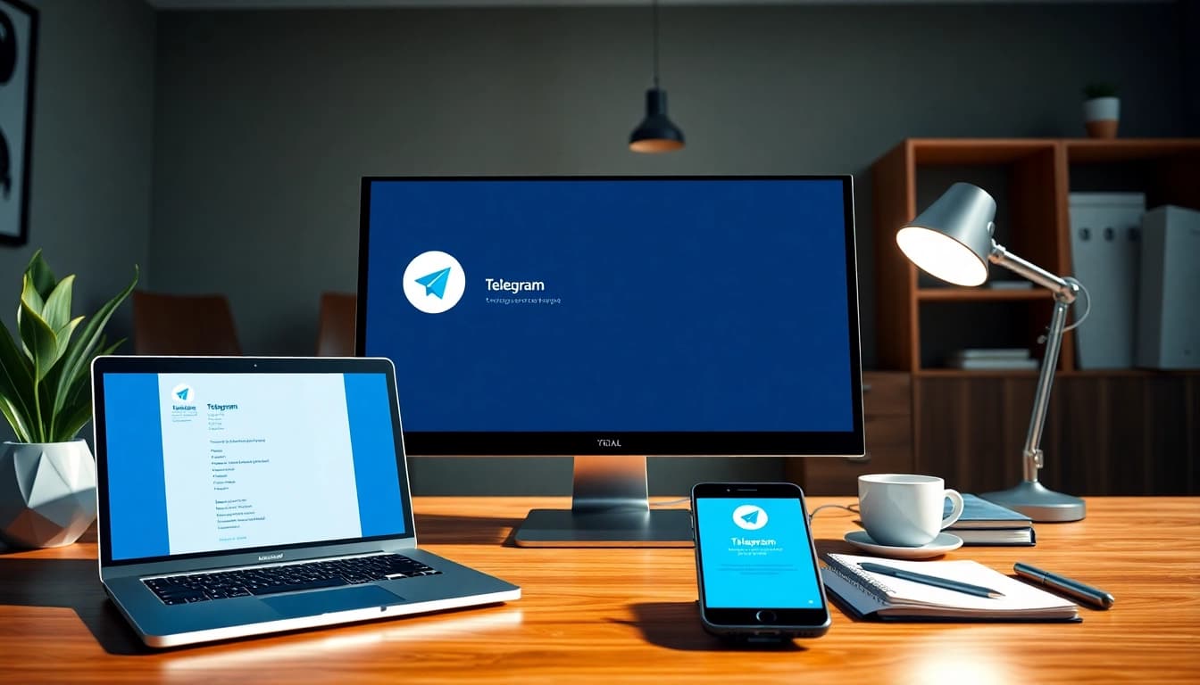 Modern workspace showcasing Telegram电脑版 interface on a computer.
