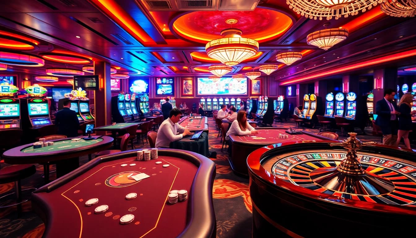 Experience thrilling casino action at https://tr88.work/ with players enjoying card games and vibrant slot machines.