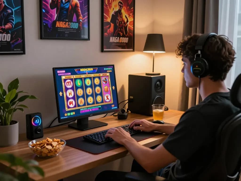 NAGA2000 player spinning slots on sleek laptop in a cozy home setting, evening ambiance.