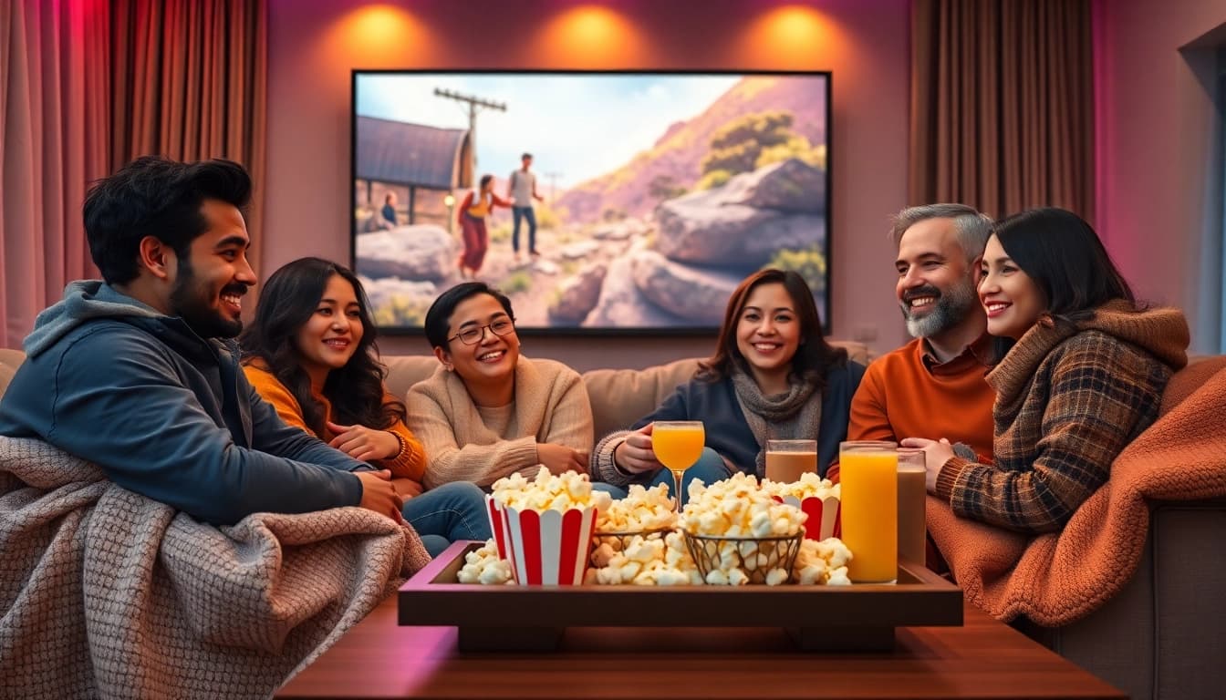 Group enjoying a movie night watching หนังออนไลน์ in a cozy living room.