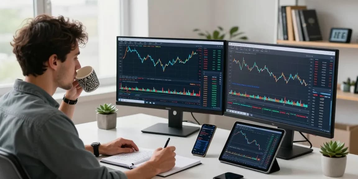 Trader actively using MetaTrader 5 on multiple screens in a modern office, showcasing trading strategies and market analysis.
