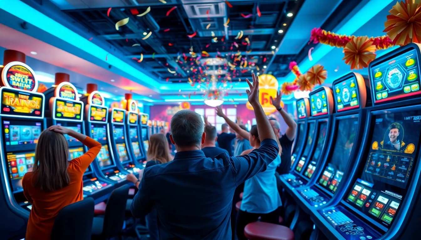 Menggambarkan suasana slot bukti4d alternatif slot dengan pemain merayakan kemenangan.