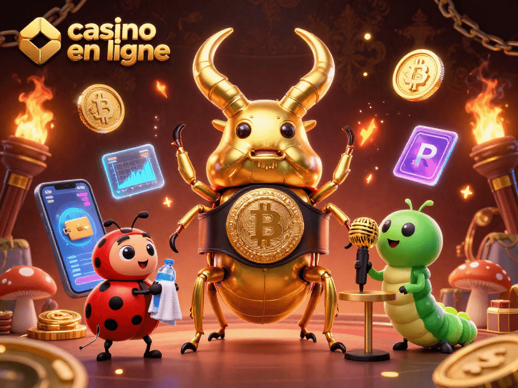 Casino en ligne : visuel dynamique avec des personnages de croupiers sur scène entourés de monnaies numériques