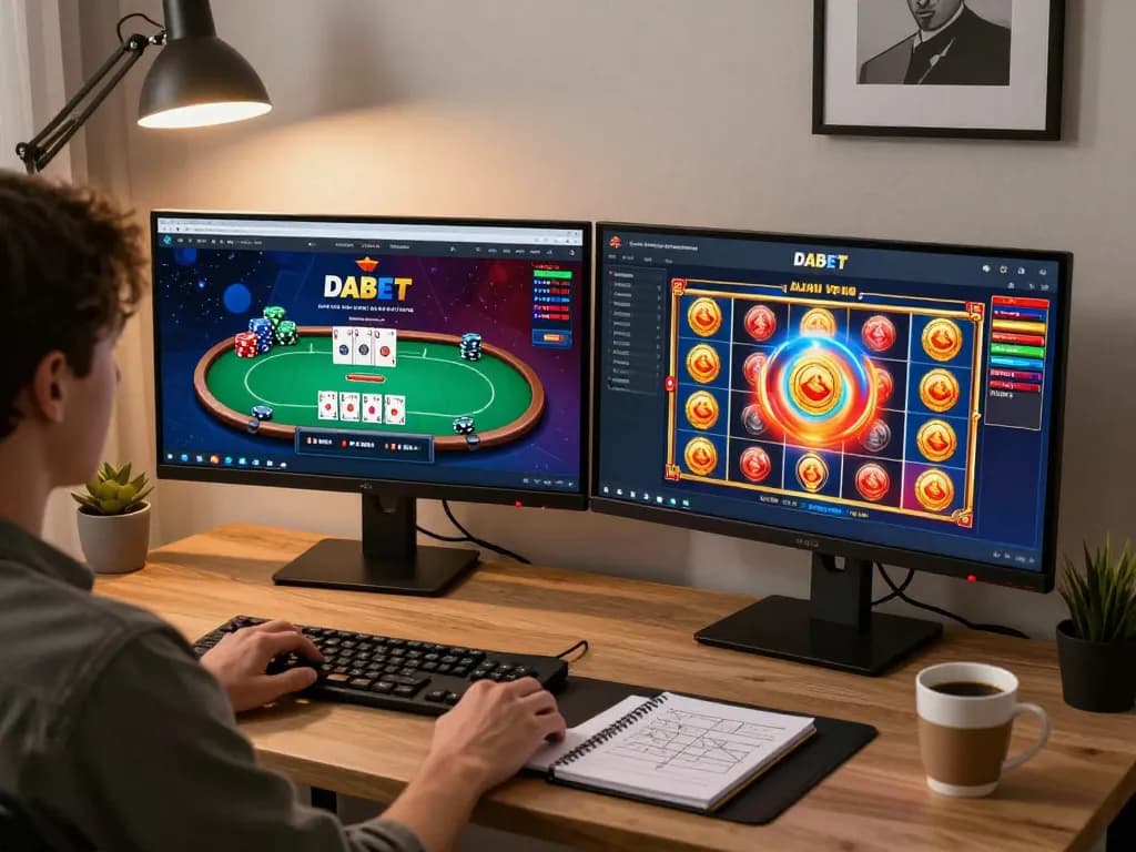 DABET online gaming setup showcasing a poker game and slot machines in a comfortable home office.