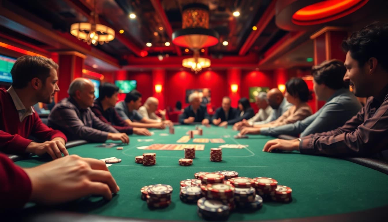 MABAR88: Main poker table in a casino with vibrant players showcasing excitement.