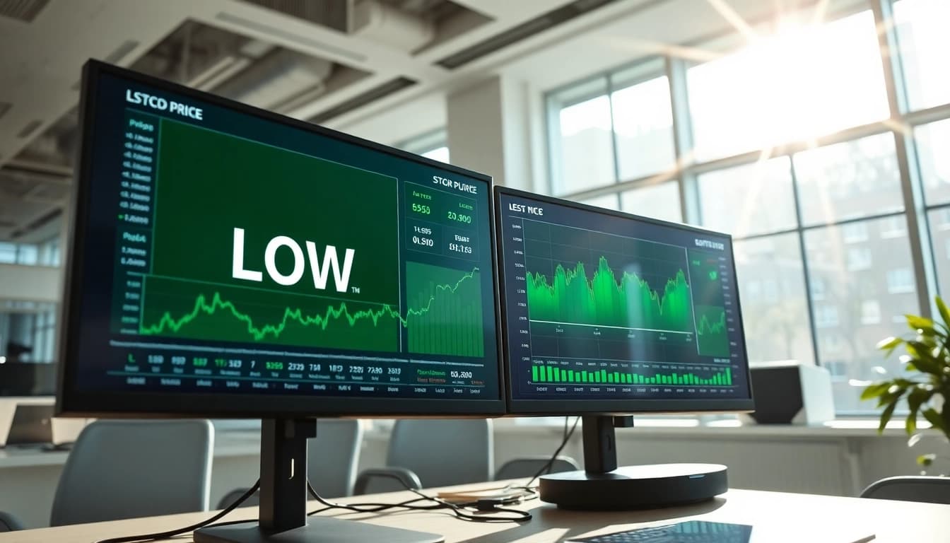 Monitor displaying LOW stock price trends in a professional office environment.