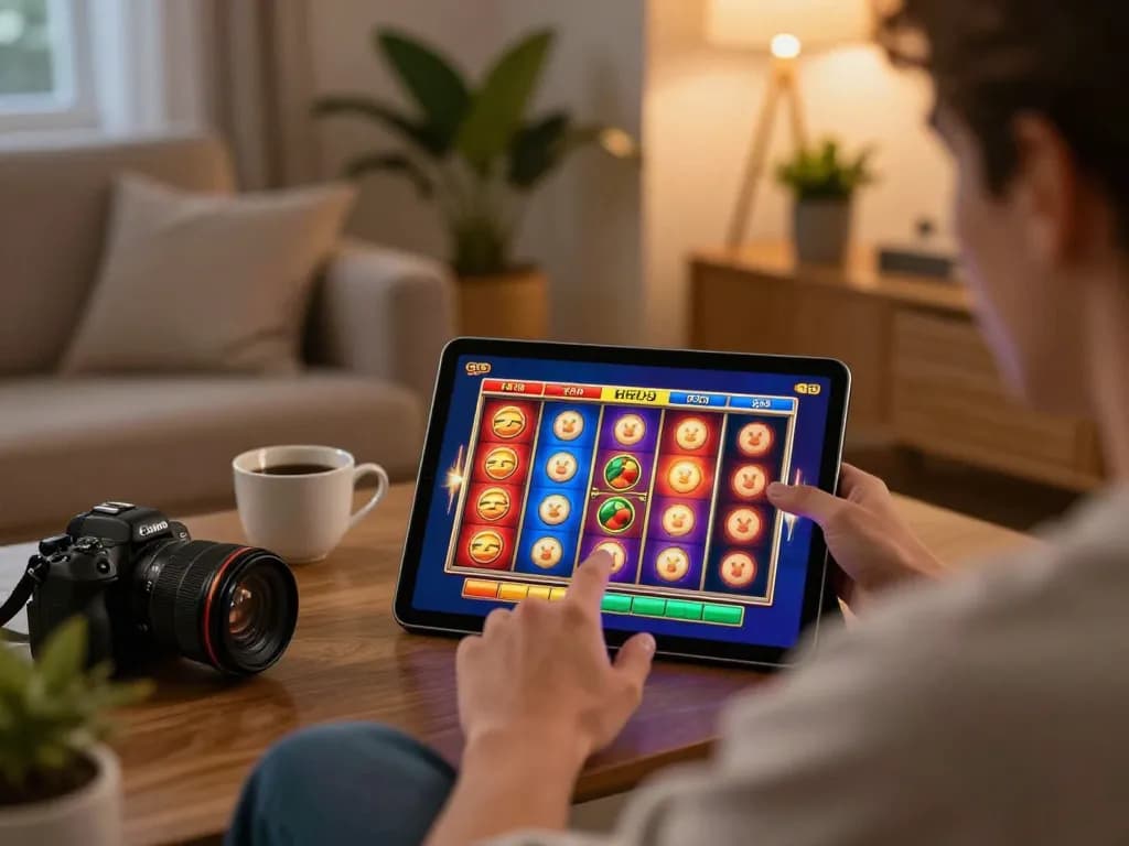 Engaging in exciting SLOT gameplay on a tablet in a cozy home setting, highlighting a strategic approach.