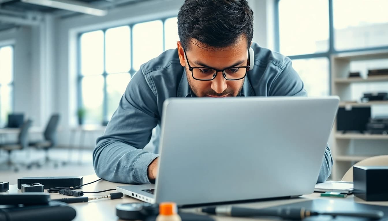 Providing computer help with a technician focused on laptop repair.