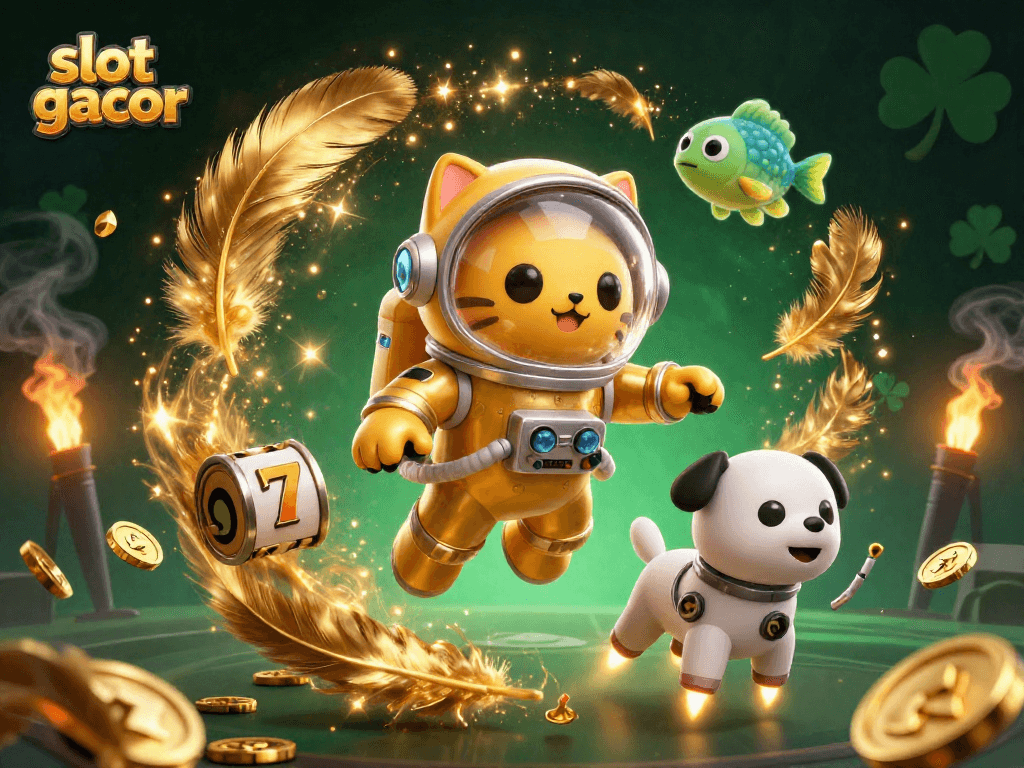 Experience the excitement of slot gacor with a vibrant cosmic casino scene featuring floating characters and game elements.