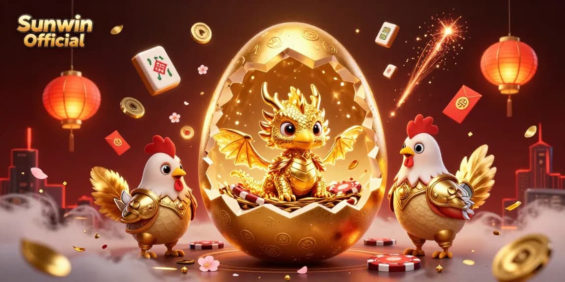 Experience exciting gaming moments at Sunwin Official with a vibrant 3D illustration of a golden dragon and poker chips.
