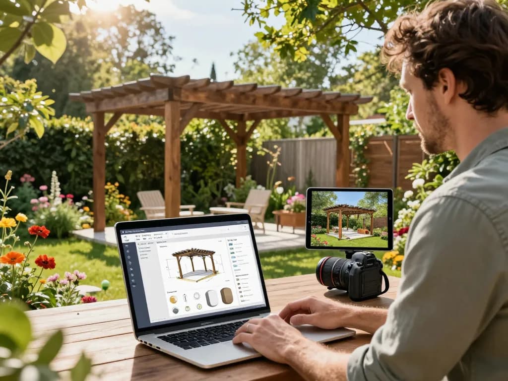 Designer using Pergola Configurator Software to visualize a customizable pergola in a beautiful garden setting.