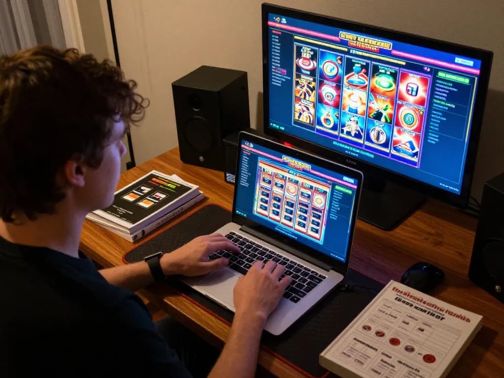 Engaging with a slot server thailand game on a laptop, showcasing a vibrant online gambling atmosphere