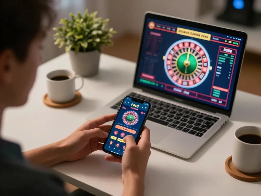 Engaging with PG88 casino app on smartphone in stylish home gaming setup