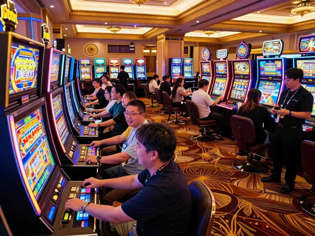 Players enjoying slot Jepang machines in a lively casino atmosphere with vibrant lighting.