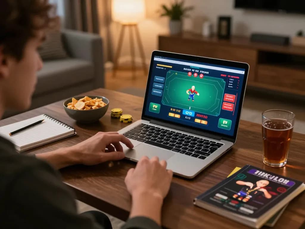Người chơi tận hưởng một trò chơi hấp dẫn trên ứng dụng poker của Luckywin tại nhà, thể hiện lối chơi chiến lược.