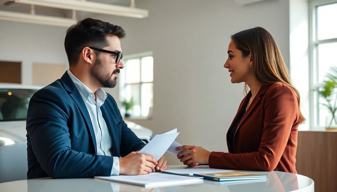 Assessing extended car warranty for used cars with a professional consultant in a modern office.