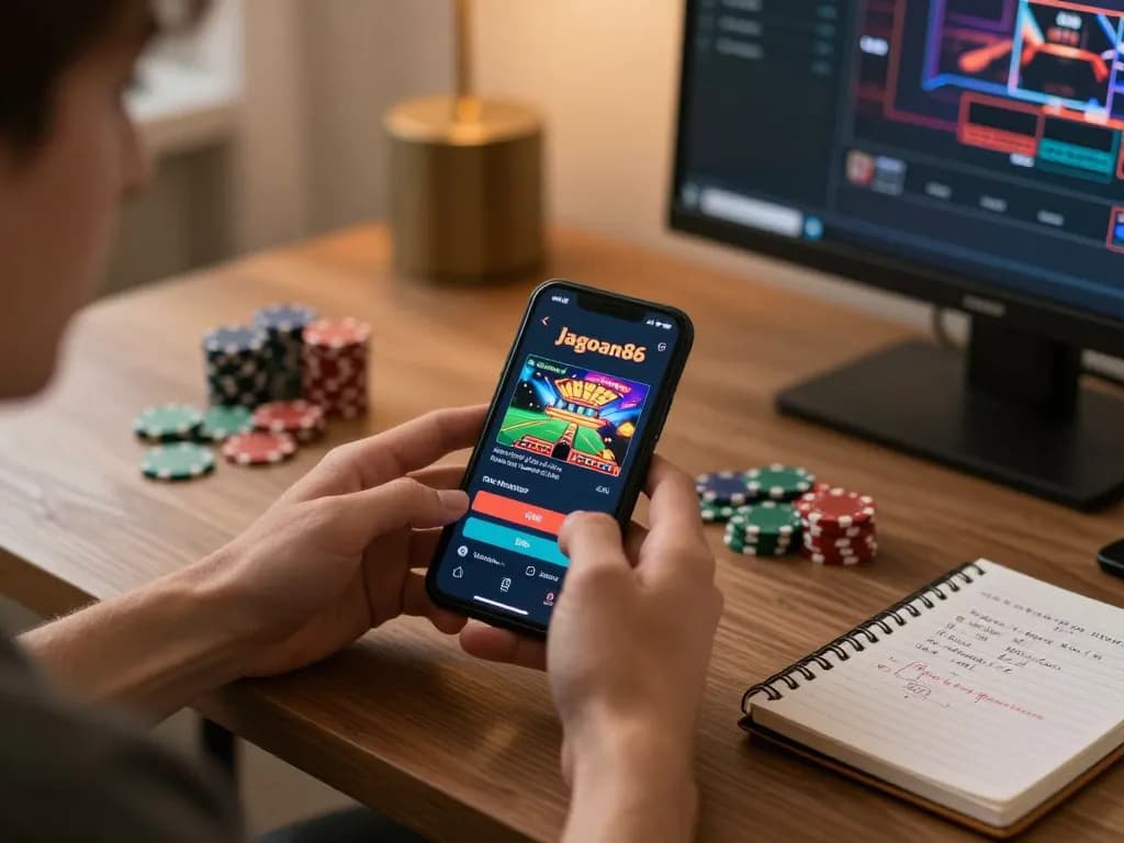 Player enjoying jagoan86 online casino on smartphone, showcasing strategy notes and cozy setup