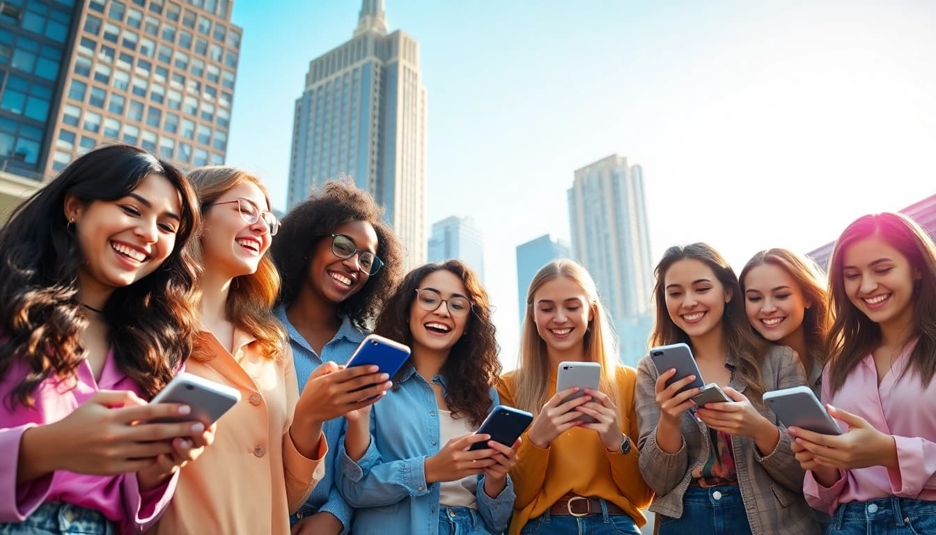 Dynamic social media girls interacting joyfully in a vibrant urban environment.