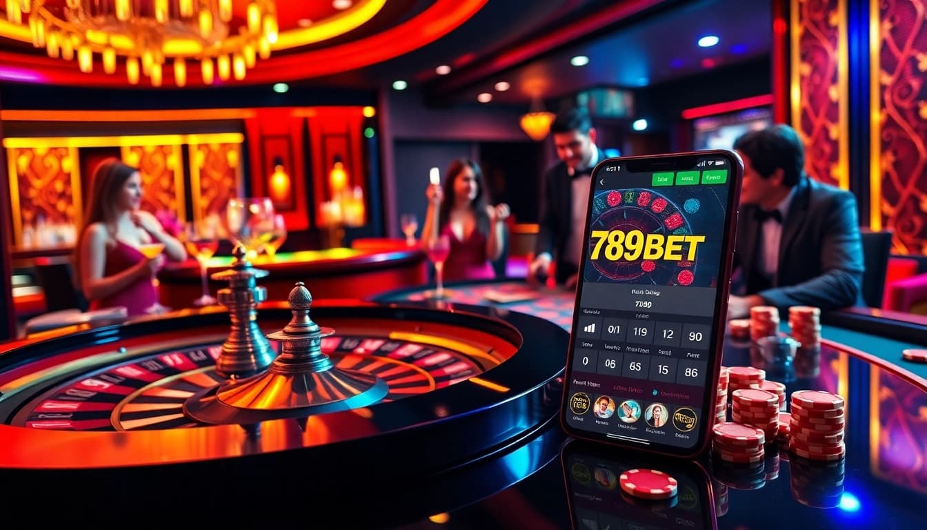 Excited players betting at 789BET casino table with poker chips and roulette wheel.