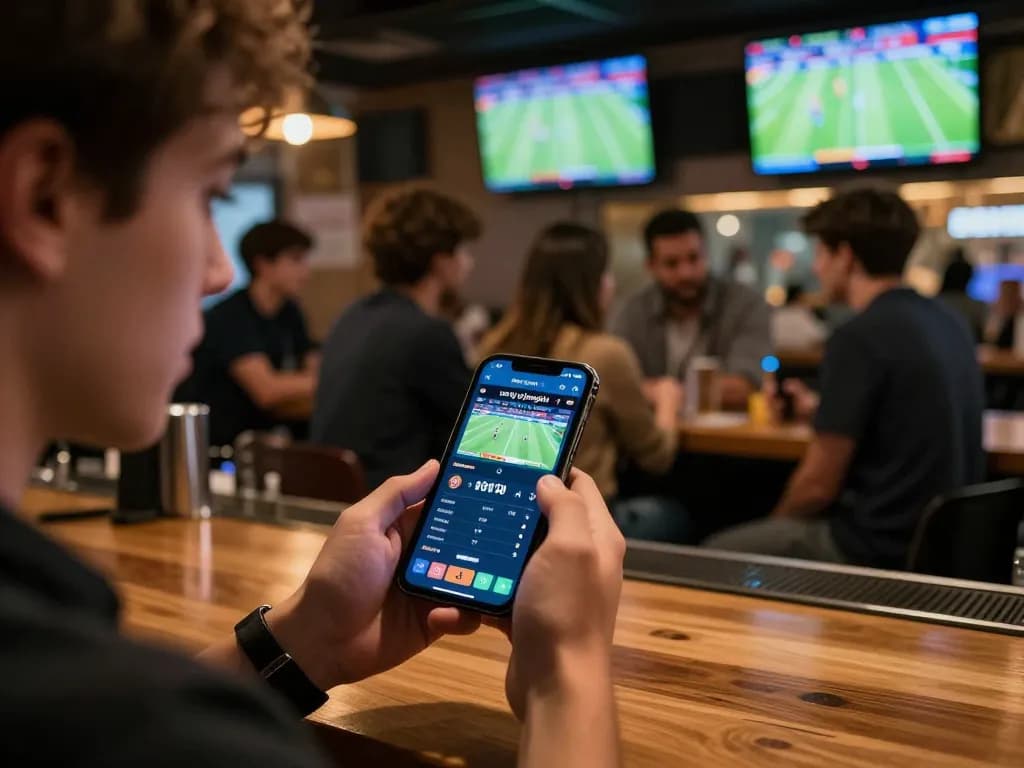 Engaging user checking xem tỷ số bongdalu on smartphone in a lively sports bar.