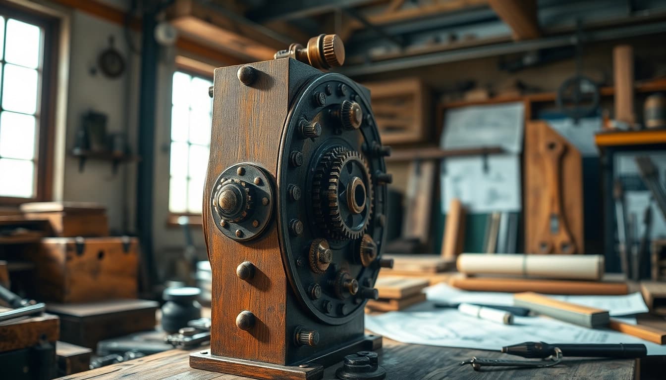 Freelock Mechanismus in Werkstatt mit Detailansicht auf Zahnräder und Werkzeuge.