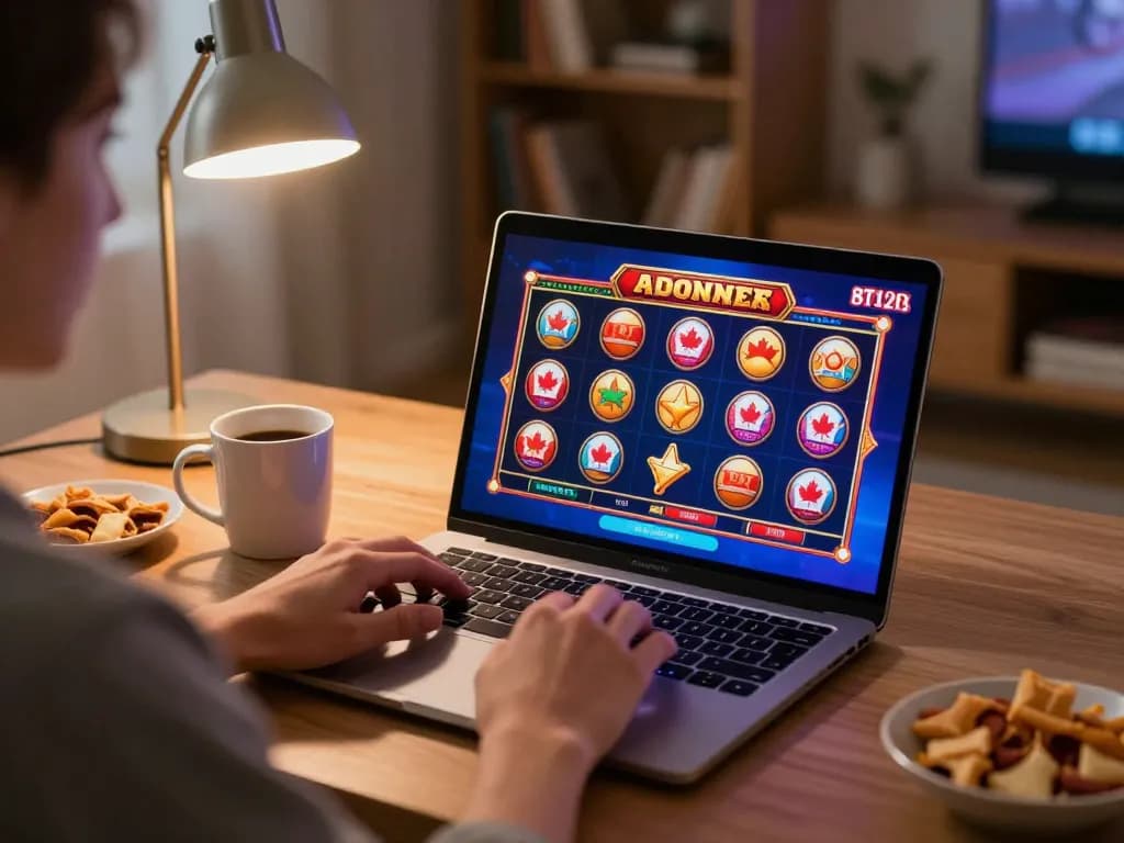 Playing exciting games at online casinos Canada from a cozy home workspace, showcasing engaging slot graphics.