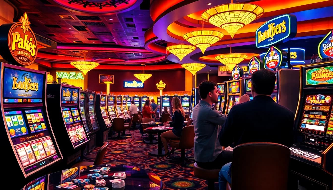 Excited players engaging with SLOT machines in a luxurious casino atmosphere.