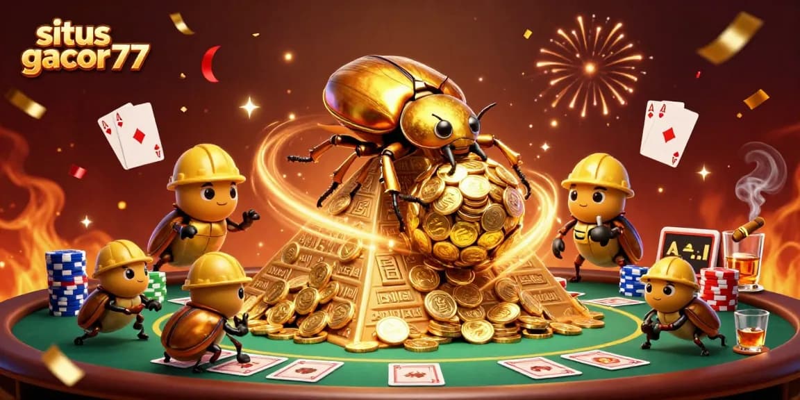 Menyaksikan situs gacor77 dengan serangkaian simbol kasino dan koin emas dalam ilustrasi digital 3D yang menarik.