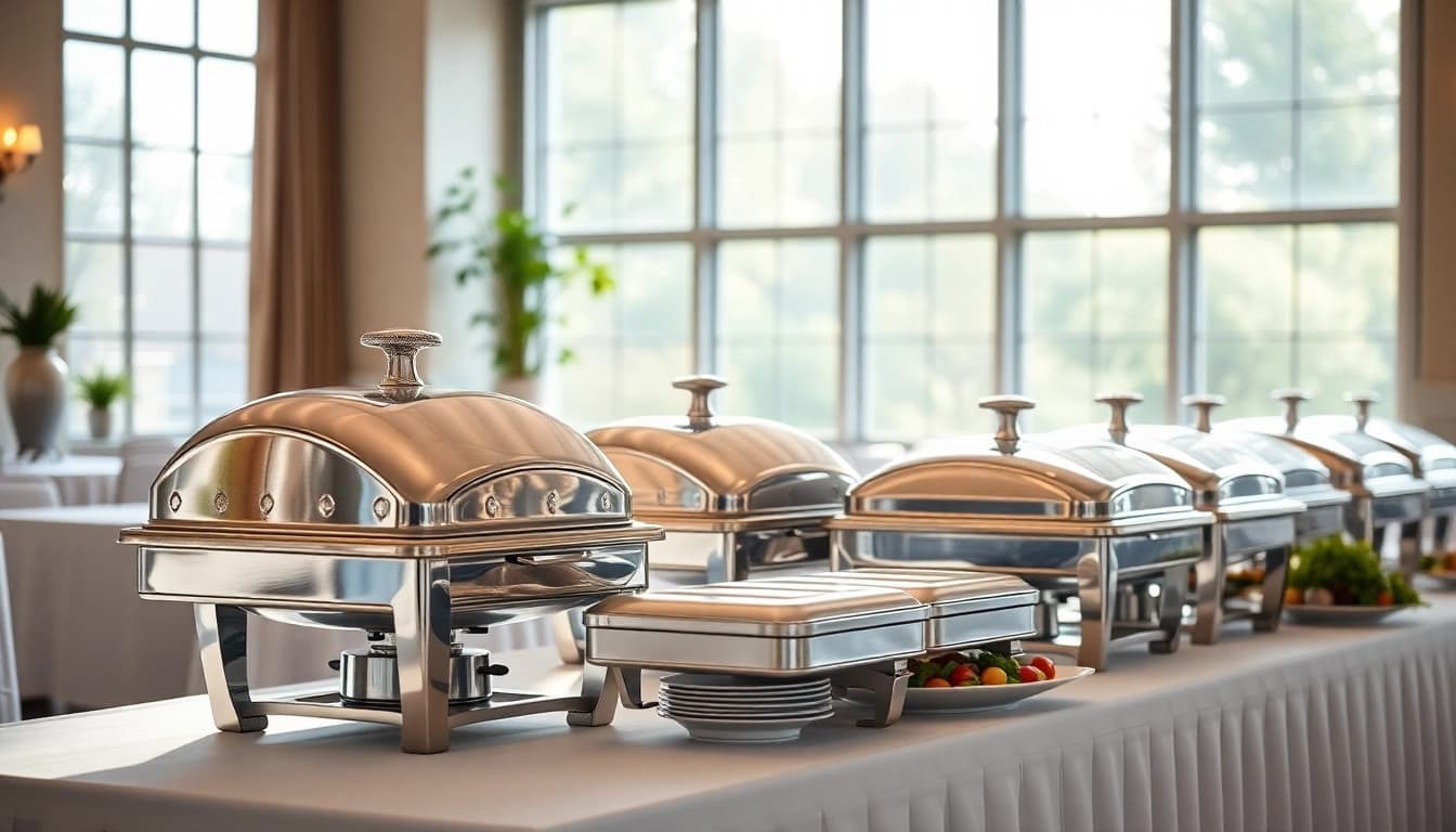 Elegant chafing dish set displayed on a banquet table with silver finish and inviting atmosphere.