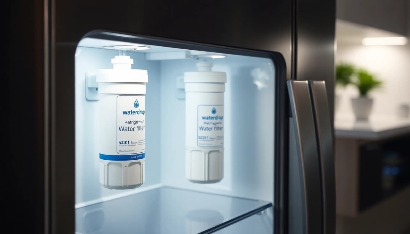 Waterdrop 5231JA2002A Refrigerator Water Filter in a modern kitchen, emphasizing freshness and quality.