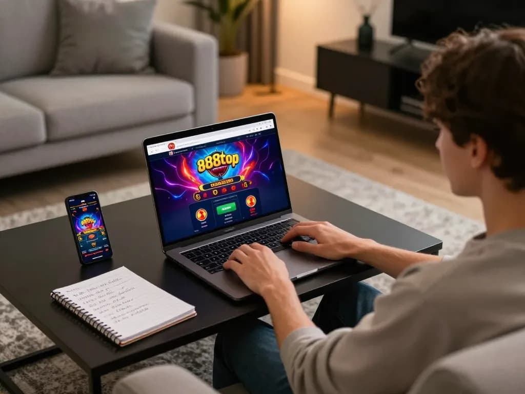 Engaging with 888top casino interface while relaxing at home with laptop and strategies.