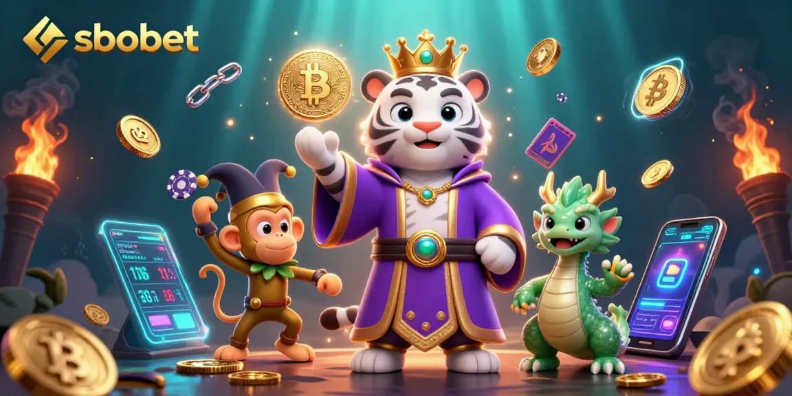 Experience sbobet with engaging characters and dynamic casino elements in a vibrant, rich illustration.