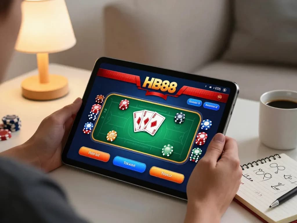 Player enjoying HB88 free mobile casino gaming experience on a tablet in a cozy home setting.
