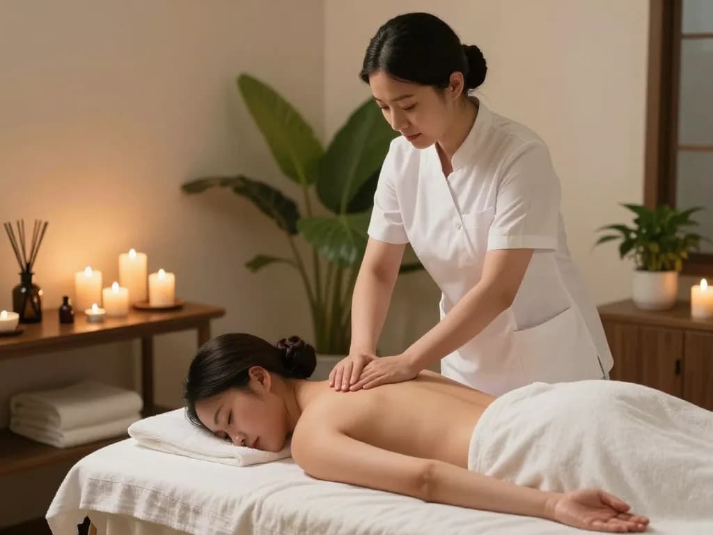 Relaxing 스웨디시 massage in a tranquil spa setting with candles and soothing ambiance.