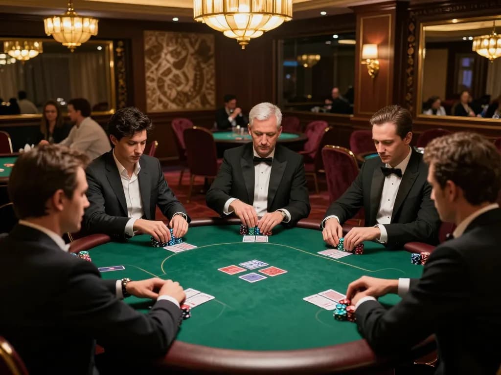 tv88 poker players engaged in a high-stakes game in an upscale environment, showcasing chips and cards.