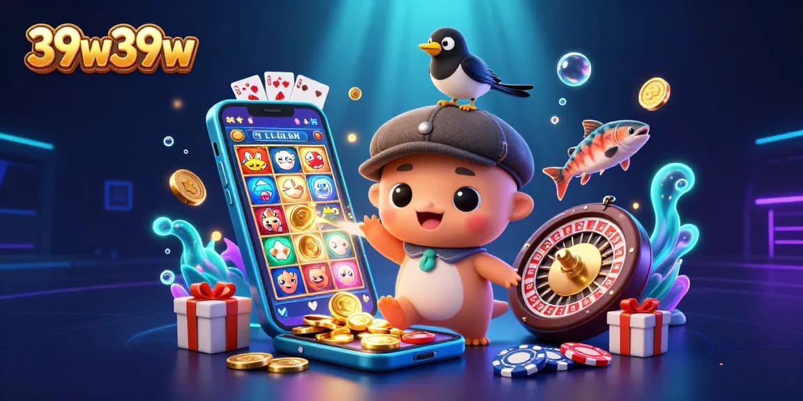 Engage in thrilling gameplay with 39w39w's vibrant 3D illustration showcasing fun characters and casino elements.