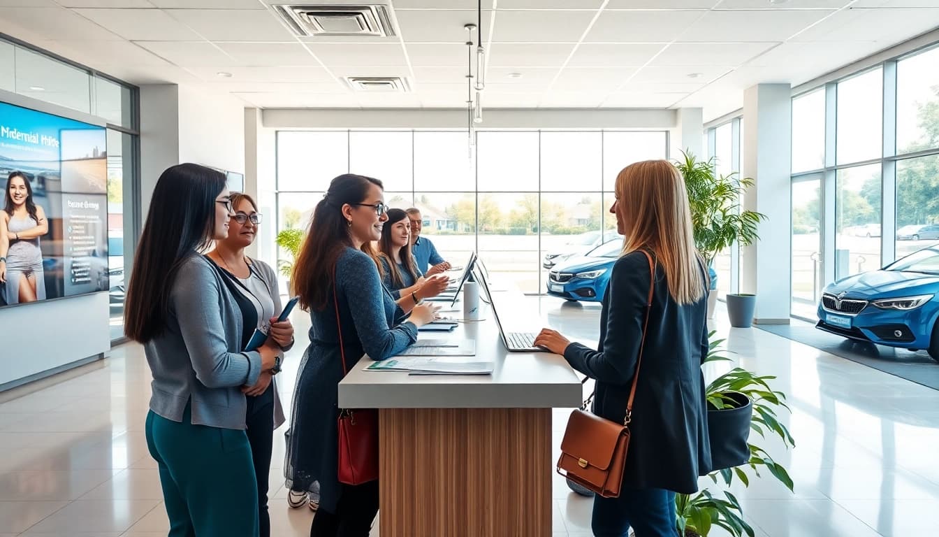 Rent a car Moldova service desk with welcoming staff assisting diverse customers.