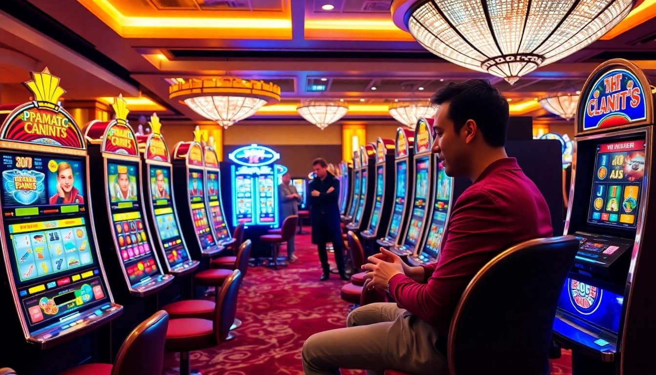 Player enjoying a pragmatic slot machine with vibrant graphics in a luxury casino setting.