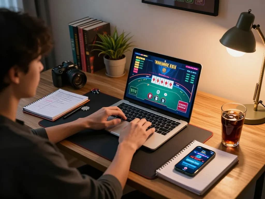 Engaging online poker experience with 77WIN app on laptop screen and strategic notes, promoting responsible gaming.