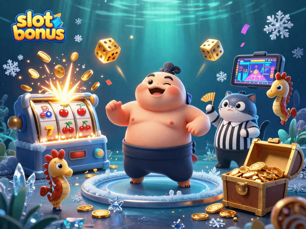 Experience thrilling slot bonuses with an immersive 3D casino illustration showing vibrant, dynamic game elements.