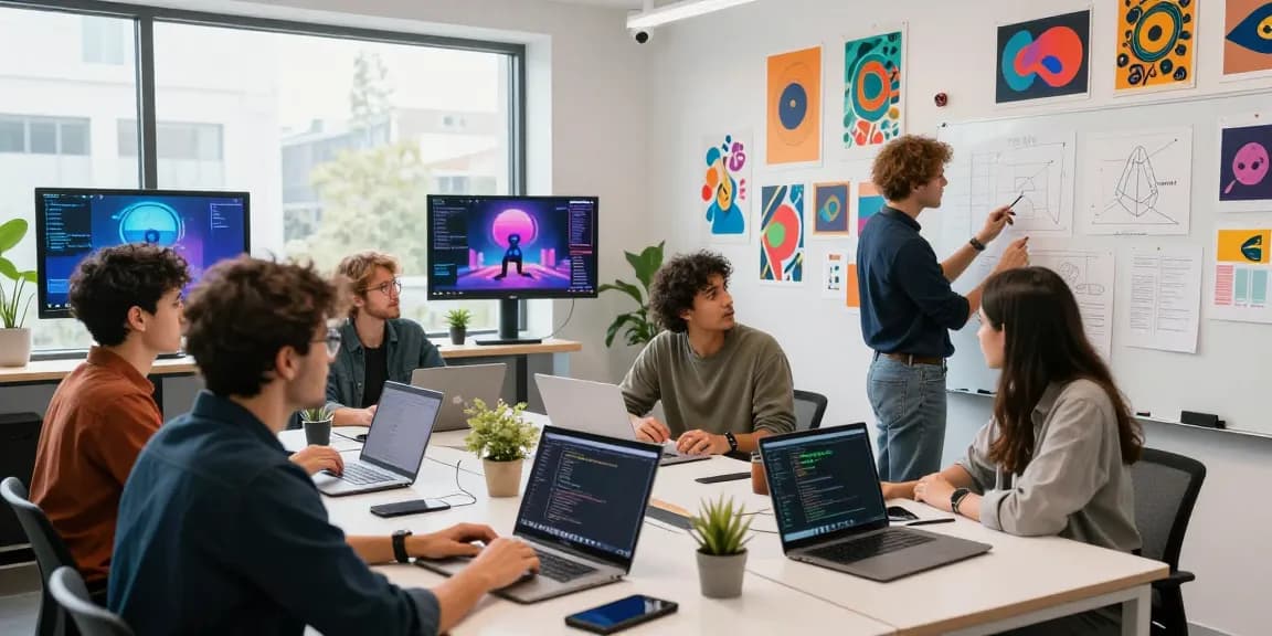Diverse creators collaborating on NSFW AI applications in a vibrant digital studio.