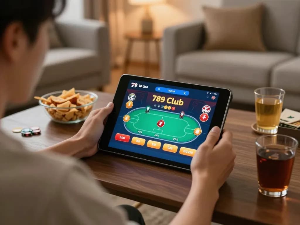 Playing poker on 789 club app on a tablet in a cozy living room.