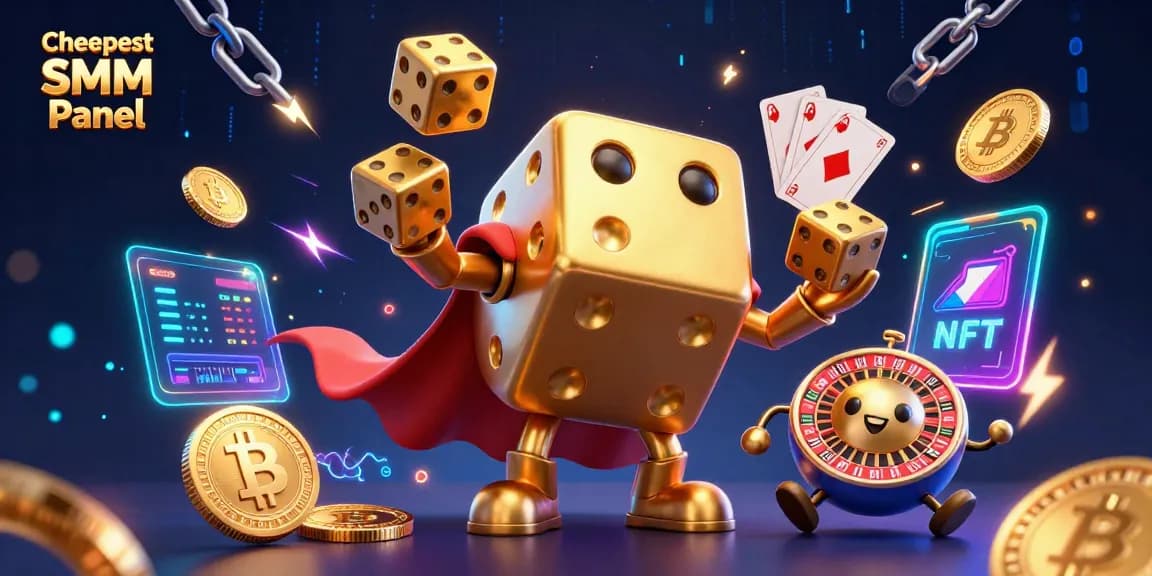 Experience the Cheapest SMM Panel with vibrant 3D illustrations featuring dice golems and crypto elements in an engaging casino atmosphere.