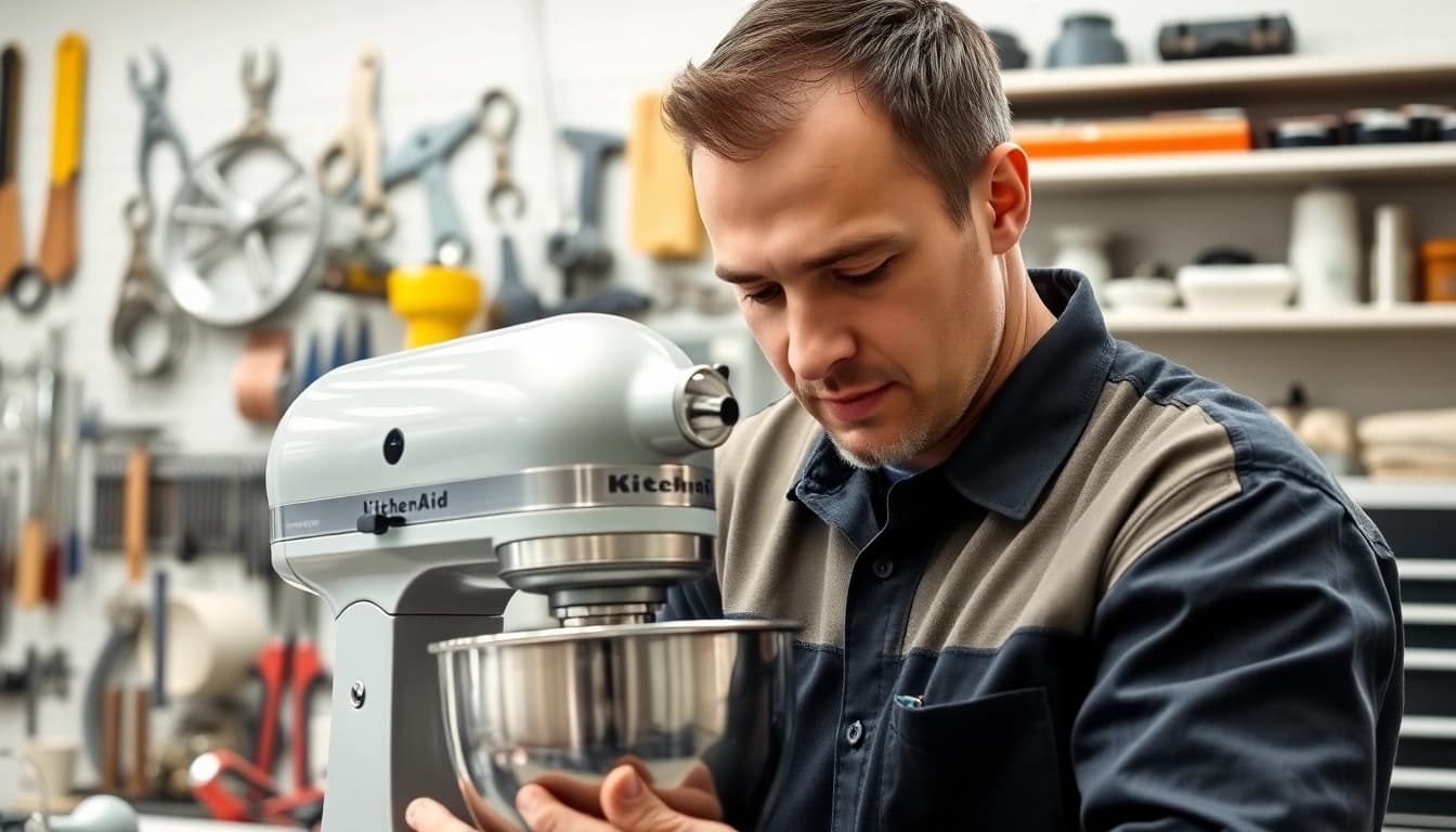 kitchenaid appliance repair ottawa expert technician working on a KitchenAid mixer in a bright, professional setting