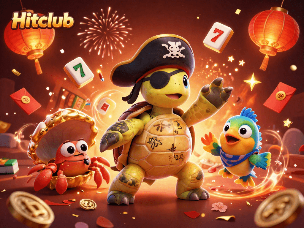 Experience the excitement of Hitclub with a vibrant casino scene featuring a cartoon pirate turtle and gold treasures.