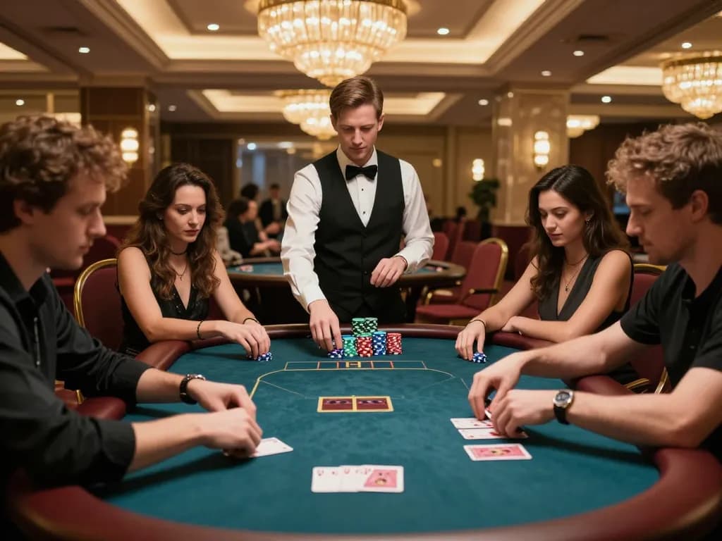 Players enjoy a thrilling poker game at LC88 casino, showcasing strategic gameplay in an upscale setting.