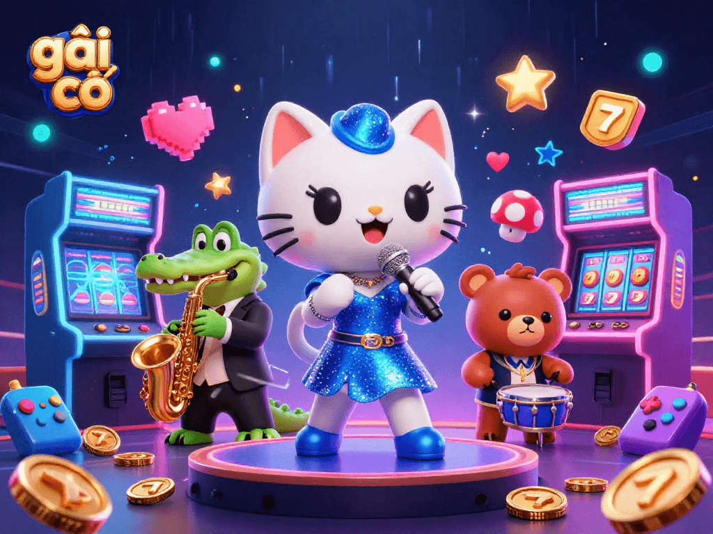 Engaging scene of gái gọi with casino elements featuring a jazz-singer cat, croc saxophonist, and bear drummer.