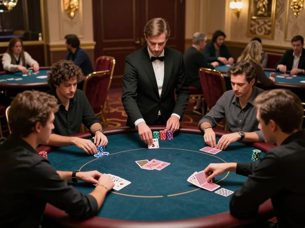 Engaged players showcasing strategic gameplay at 98win's elite poker table in a luxurious casino.
