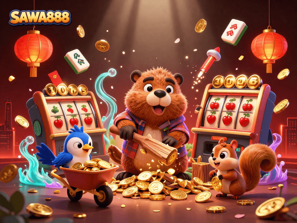 Engage in thrilling slot action with SAWA888 as cartoon characters rain golden coins from a tree!