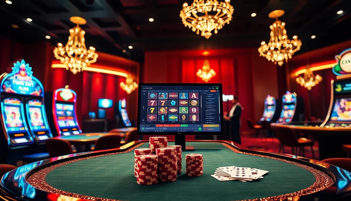 Experience thrilling gameplay at rikvip.gb.net with luxurious casino visuals showcasing tables and slot machines.